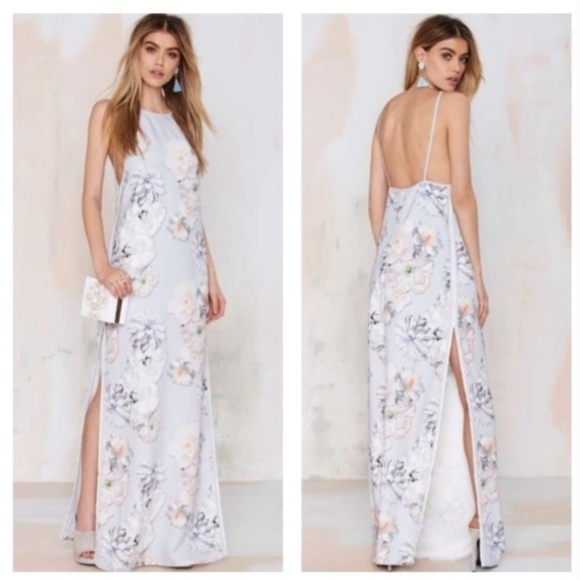 FINDERS KEEPERS Check The Rhyme muted Gray Floral Maxi side slits & pockets - Picture 1 of 8